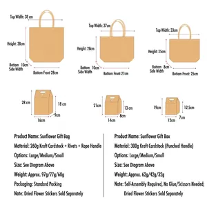 Elegant kraft paper gift bags and boxes with sunflower motifs and rivet handles