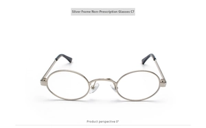 Macro shot of silver metal oval glasses frame C7 showing nose pads and clear lenses