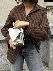 Women's casual plaid long sleeve shirt in brown and white stripes with lapel collar