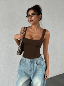 Slim fit brown square neck tube top styled with light wash jeans and leopard print bag