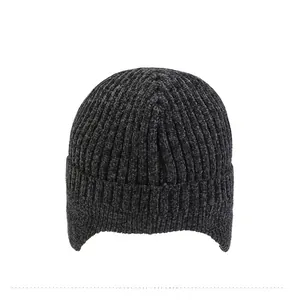 Detailed back view of a thick dark grey ribbed knit hat with winter ear protection flaps