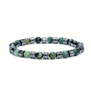 Malachite and tiger eye beaded bracelet for men with metal cylinders on white background