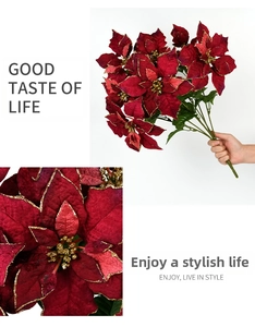 Macro detail of red velvet artificial poinsettia with golden edges for Christmas decor