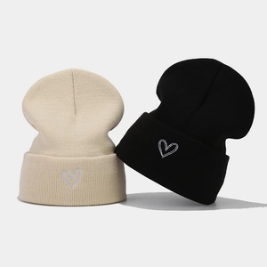 Herz Stickerei Strickmütze Beanie Acryl Warm Winter Umschlagmütze Unisex Einfarbig