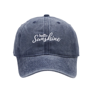 Washed dark blue cotton denim baseball cap featuring white Hello Sunshine embroidery