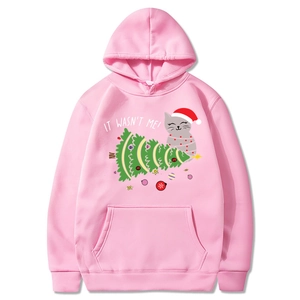 Rosa Weihnachts-Kapuzenpullover für Paare mit lustigem Katzenmotiv und Fronttasche