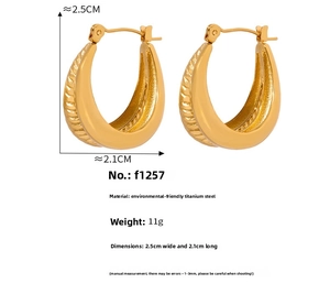 Detail of gold-plated titanium steel U-shaped earrings with unique ridged texture
