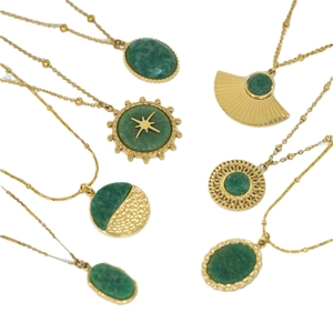 14K gold plated stainless steel necklaces featuring faceted natural green stone pendants