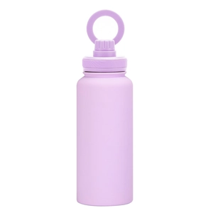 Detail view of the lavender stainless steel water bottle featuring a portable ring handle