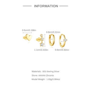 Detailed view of S925 sterling silver gold earring set with heart and cubic zirconia charms