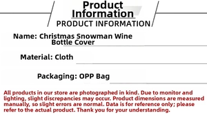Detailed product specifications for Snowman Christmas wine bottle cover in cloth fabric