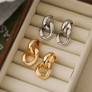 Geometric Interlocking Link Drop Earrings Copper Gold Silver Plated Minimalist Polished Metal Jewelry For Women