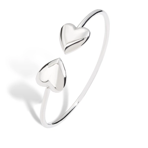 Polished silver heart open cuff bracelet featuring dual 3D heart motifs on white background