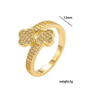 Elegant gold-plated clover open ring with paved cubic zirconia stones, 13mm face width