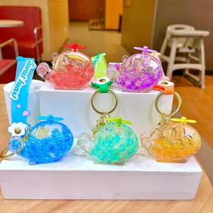 Cartoon Helicopter Liquid Quicksand Keychain Luminous Bubble Beads Plane Keyring PVC Sweet Heart Strap Bell Bag Pendant