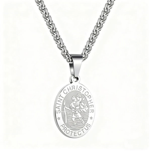Saint Christopher protect us oval silver pendant with thick wheat chain necklace