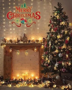 Cosy Christmas scene with warm LED string lights, festive ornaments and holiday tree decoration