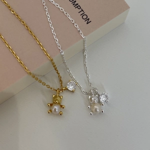 925 Sterling Silver Bear Pendant Necklace With Round Artificial Pearl And Sparkly Zircon Cute Animal Charm Jewelry For Women Girls