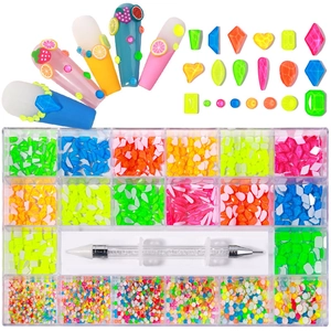 Detailed 24-grid nail art kit with neon rhinestones and colorful fruit clay slices