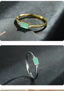Detailed view of sterling silver crown rings with rectangular green emerald-style gemstones