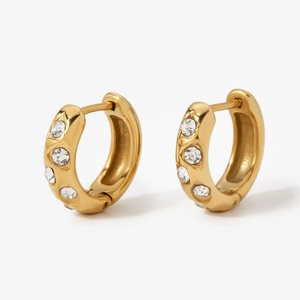 French vintage gold huggie earrings with sparkling crystals and polished steel finish