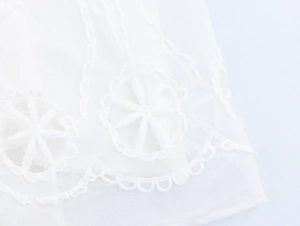 Gros plan de l'ourlet de robe blanche avec broderie florale et détails en dentelle ajourée