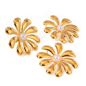 Elegant 18k gold stainless steel sunflower earrings with white pearl center