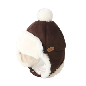 Chapeau de trappeur pour bébé en daim marron foncé avec doublure chaude en polaire