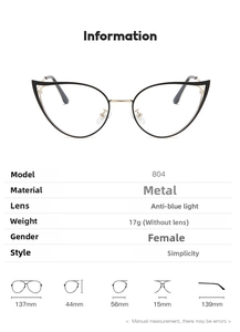Detailed size chart for women's cat-eye metal blue-light blocking glasses with dimensions