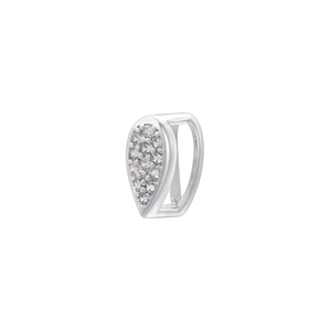 Detailed macro view of a silver teardrop pendant with sparkling cubic zirconia inlay