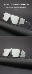 Detail view of steampunk sunglasses with side shields and silver reflective lenses