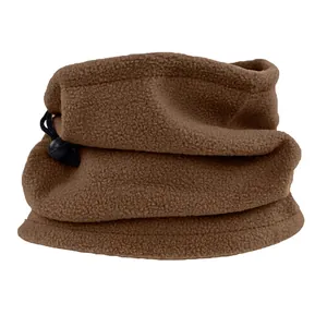 Macro detail of khaki fleece neck warmer fabric with adjustable black drawstring toggle