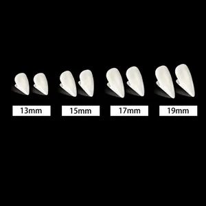 Vampire fangs size comparison guide with 13mm to 19mm fake teeth on black background