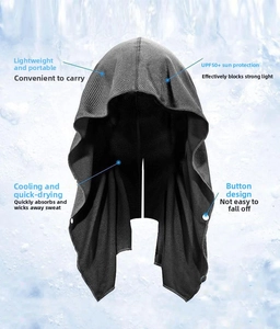 Detail of black UPF 50+ cooling hooded towel with mesh fabric and button closure