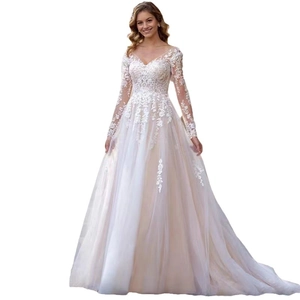 Elegantes weißes Brautkleid mit V-Ausschnitt, langen Spitzenärmeln und Tüll-Lagenrock