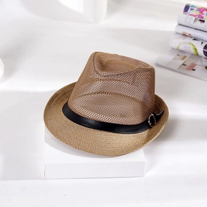 Detail of breathable brown mesh fedora hat featuring a black faux leather band and silver buckle
