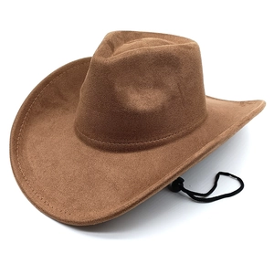 Brauner Cowboyhut aus Wildlederimitat mit breiter Krempe, Stierkopf-Deko und Kinnband