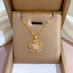 Collier Pendentif Fleur Chaîne En Acier Titane Cuivre Avec Zircon Incrusté Zircone Étincelante Bijoux Élégants Pour Femmes