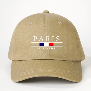 Detail of khaki cotton baseball cap with Paris Je T'Aime text and French flag stripe