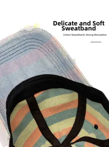 Detail of the soft cotton inner sweatband on a colorful striped denim baseball cap