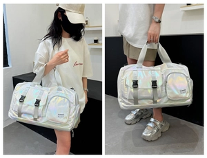 Macro view of holographic waterproof fitness bag with dry wet separation compartments
