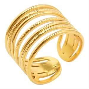 Bague multicouche ouverte en acier inoxydable 304 doré avec texture martelée