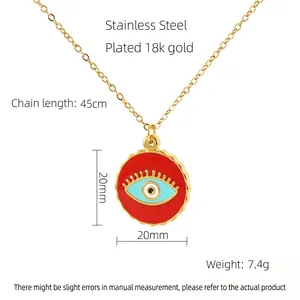 Detail view of red evil eye pendant with 20mm diameter and 45cm 18k gold plated chain