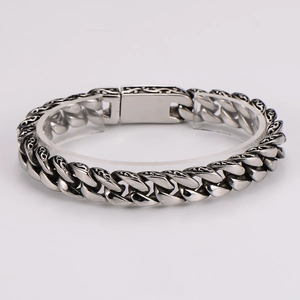 Bracelet gourmette rétro gravé pour hommes avec motifs vintage et fermoir solide
