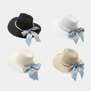 Women Straw Sun Hat Paper Braided Wide Brim Frayed Edge With Artificial Pearl Chain And Floral Bowknot Beach Vacation Summer Style