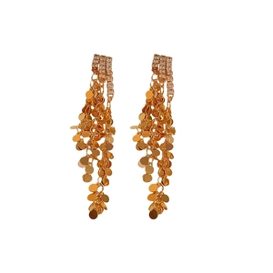 Elegant gold-tone long fringe drop earrings with sparkling crystals and metal sequins