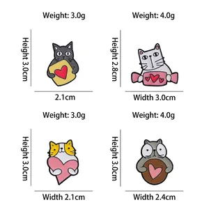 Cute cartoon cat enamel pins with heart designs in black, white, and brown alloy