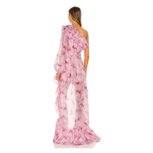 Back view of pink floral asymmetric one-shoulder chiffon dress with ruffle detailing