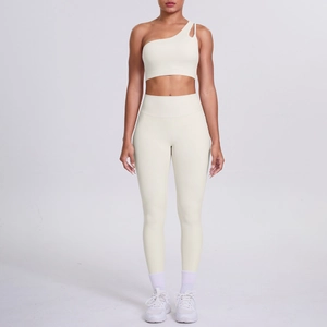 Front full view of asymmetric one-shoulder sports bra and high-waist leggings set