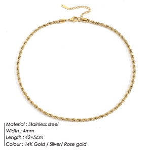 Detail of 4mm stainless steel rope chain necklace with 14K gold plating specifications